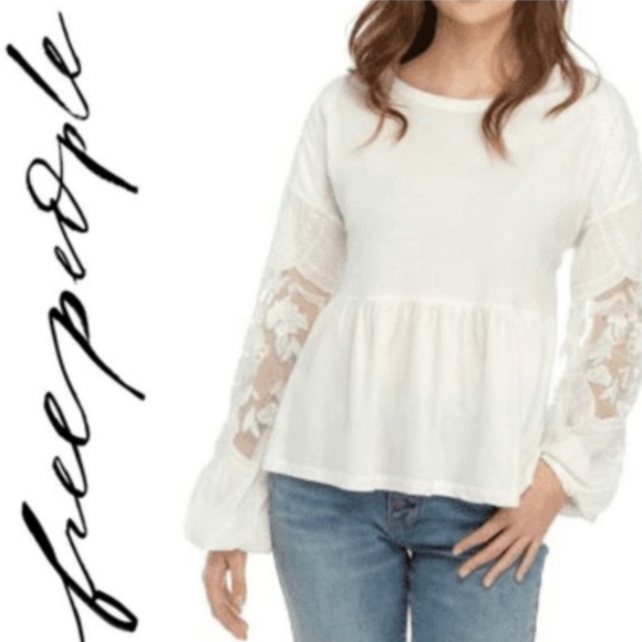Free People Penny Top Embroidered Sheer Sleeves White Boho Cotton Peplum L - Picture 1 of 11